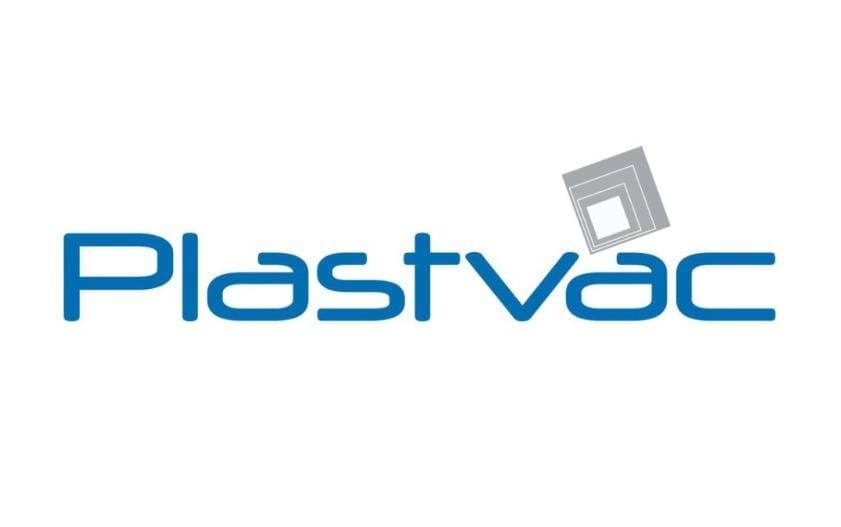 "Plastvac company logo with blue modern typography and stylized vacuum sheet design"