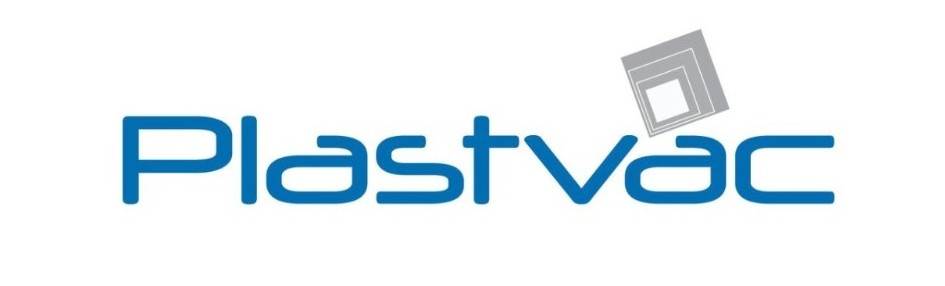 "Plastvac company logo with blue modern typography and stylized vacuum sheet design"